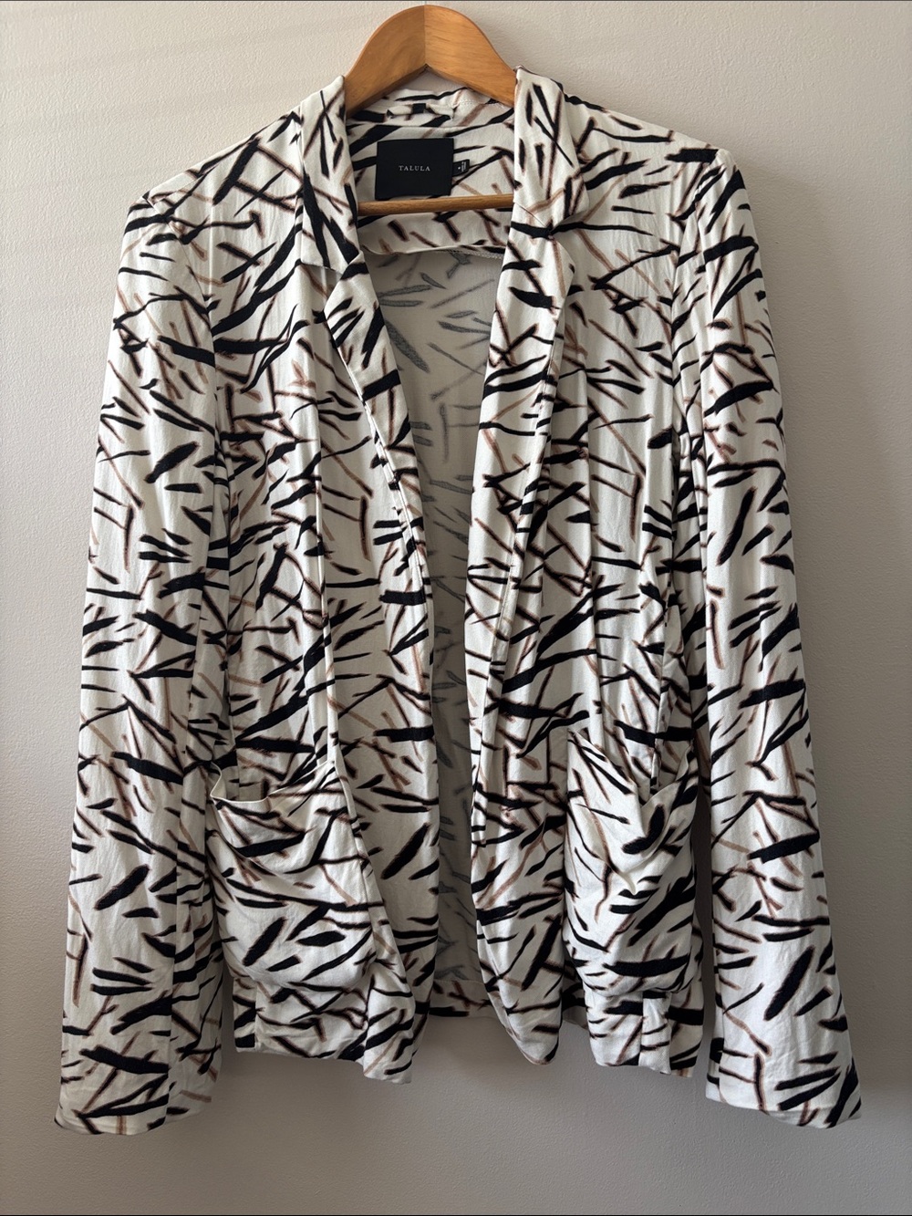 Talula White Blazer with Black & Brown Abstract Brushstrokes